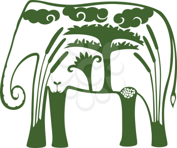 Royalty Free Clipart Image of an Elephant With a Tree and Clouds