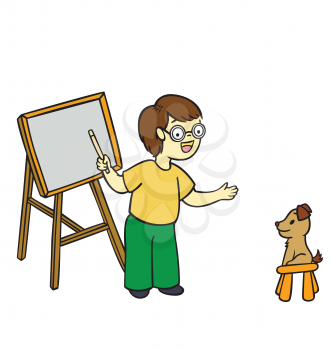Royalty Free Clipart Image of a Little Boy Teaching His Dog
