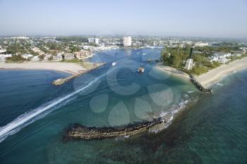 Aerial view of Hillsboro Bay in Pompano Beach, Florida. 