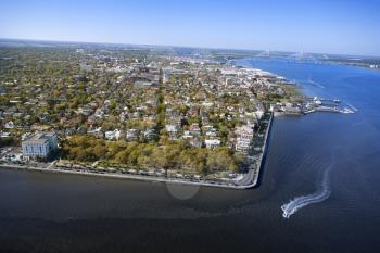 Royalty Free Photo of an Aerial View of a Harbor and Buildings in Charleston, South Carolina