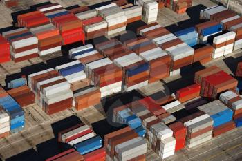 Royalty Free Photo of an Aerial View of Cargo Containers Piled Together.