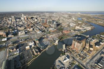 Aerial view of Baltimore, Maryland with river and drawbridges.