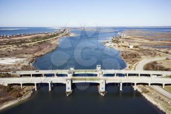 Royalty Free Photo of an Aerial View of a Waterway With Two Bridges on Robert Moses Causeway, New York