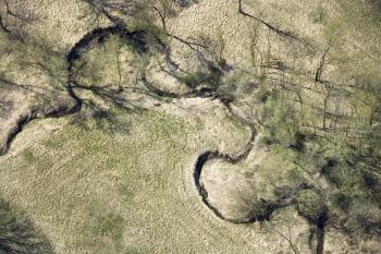 Royalty Free Photo of an Aerial View of a Winding Stream in a Rural Countryside with Trees