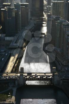 Royalty Free Photo of an Aerial View of a River With Bridges in Chicago, Illinois