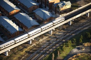 Aerial view of commuter train in Chicago, Illinois.