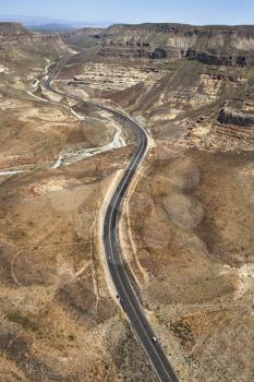 Aerial of scenic highway Interstate 15 through desert landscape of Arizona, USA.