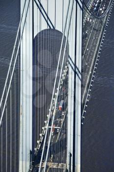 Aerial view of New York City's Verrazano-Narrow's bridge with traffic.