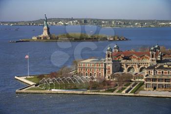 Royalty Free Photo of an Aerial view of Ellis Island with Statue of Liberty, New York City