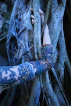 Royalty Free Photo of a Tattooed Woman's Arm Intertwined With a Banyan Tree in Maui, Hawaii, USA