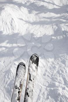 Royalty Free Photo of Skis Dangling on Top of a Trail Drop
