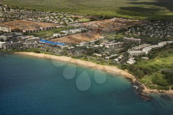 Royalty Free Photo of an Aerial View of Waterfront Buildings on a Coastline of Maui, Hawaii