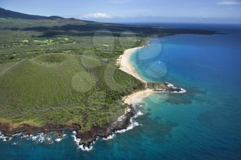 Royalty Free Photo of an Aerial View of a Crater on Maui, Hawaii Coast With Beach