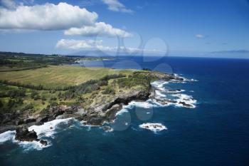 Aerial view of rocky Maui, Hawaii coastline with crop fields.