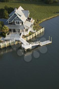 Royalty Free Photo of an Aerial View of a Waterfront Home on Bald Head Island, North Carolina