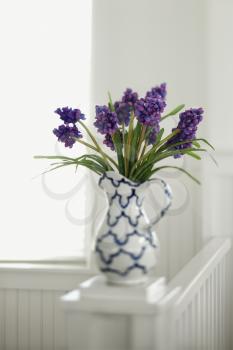 Royalty Free Photo of Purple Flowers Arranged in a Pitcher Vase