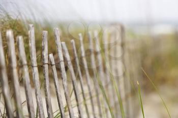 Royalty Free Photo of a Weathered Wooden Fence on a Sand Dune