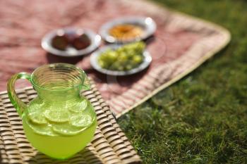 Royalty Free Photo of a Pitcher of Lemonade and Lemons With a Picnic in the Background
