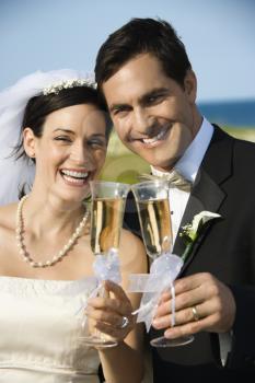 Royalty Free Photo of a Bride and Groom Toasting Champagne  and Smiling