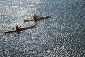 Royalty Free Photo of an Aerial Shot of Two Teenage Boys Kayaking on Bald Head Island, North Carolina