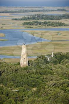 Aerial view of lighthouse on Bald Head Island, North Carolina.