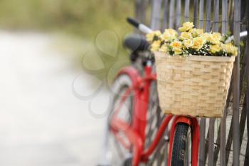 Royalty Free Photo of a Red Vintage Bicycle With a Basket and Flowers Leaning Against a Wooden Fence at a Beach