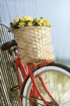 Royalty Free Photo of a Red Vintage Bicycle With a Basket and Flowers Leaning Against a Wooden Fence at a Beach