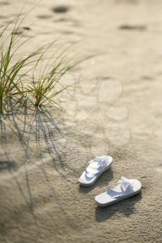 Royalty Free Photo of Two White Sandals on a Sandy Beach