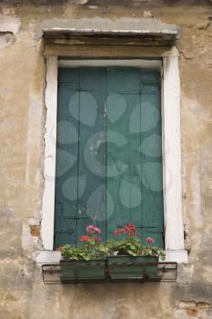 Royalty Free Photo of a Window With Closed Shutters and Flower Box in Venice, Italy