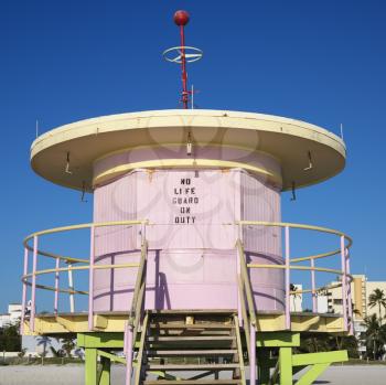 Royalty Free Photo of a Pink Art Deco Lifeguard Tower on a Beach in Miami, Florida, USA