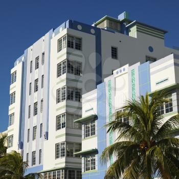 Royalty Free Photo of Palm Trees and Buildings in Art Deco District of Miami, Florida, USA