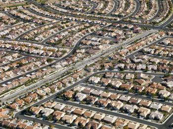 Aerial view of suburban neighborhood urban sprawl in Las Vegas, Nevada.