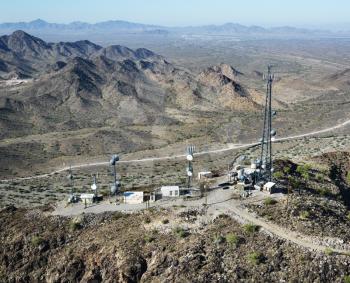 Royalty Free Photo of an Aerial View of Satellite Communications Towers in Southwest Rural Landscape of Arizona