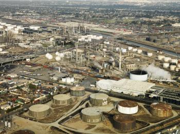 Royalty Free Photo of an Aerial View of Liquid Storage Tanks in Los Angeles California Oil Refinery