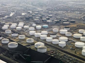 Royalty Free Photo of Liquid Storage Tanks in Los Angeles California Oil Refinery