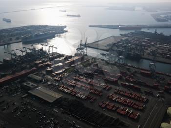 Royalty Free Photo of an Aerial View of Dock With Cargo Containers for Shipping in Los Angeles, California