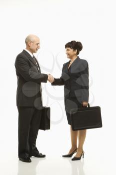 Royalty Free Photo of a Businessman and Businesswoman Standing and Shaking Hands