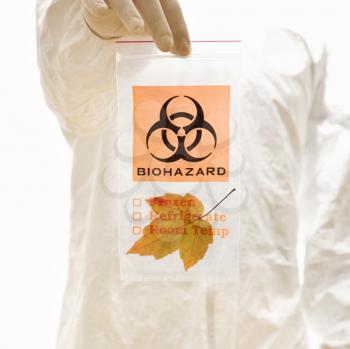 Royalty Free Photo of a Man in a Bio-hazard Suit Holding a Plastic Bio-hazard Bag Containing an Orange Maple Leaf