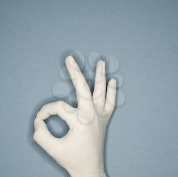 Royalty Free Photo of a Hand Wearing a Rubber Glove Making a Gesture Meaning Okay
