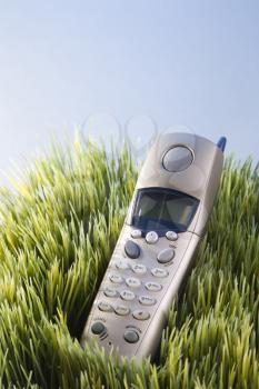 Royalty Free Photo of a Studio Shot of Land Line Telephone Placed in the Grass