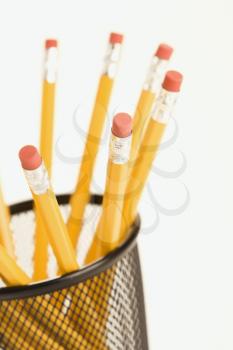 Royalty Free Photo of a Group of Pencils in a Pencil Holder With Eraser Ends Up