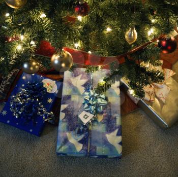Royalty Free Photo of Christmas Presents Under a Decorated Christmas Tree