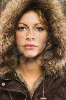 Royalty Free Photo of a Woman Wearing a Fur Hood