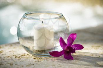 Royalty Free Photo of a Lit Candle in a Glass Bowl and Purple Orchid