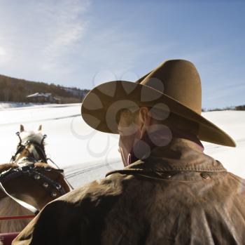 Royalty Free Photo of a Back View of a Man Holding Reins of a Draft Horse in Winter