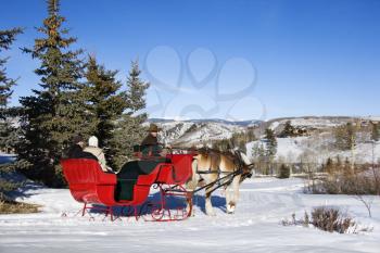 Royalty Free Photo of a Couple in a Horse-Drawn Sleigh in Snow