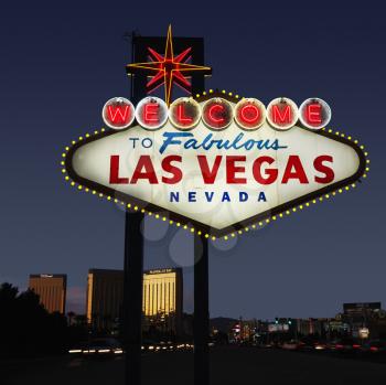 Royalty Free Photo of a Lighted Las Vegas, Nevada Welcome Sign With a Night Sky