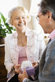 Royalty Free Photo of an Older Man Giving a Present to an Older Woman