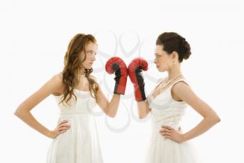 Caucasian bride and Asian bride holding boxing gloves up to each other.