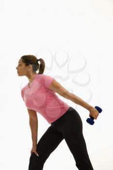 Royalty Free Photo of a Woman Holding a Dumbbell Outstretched